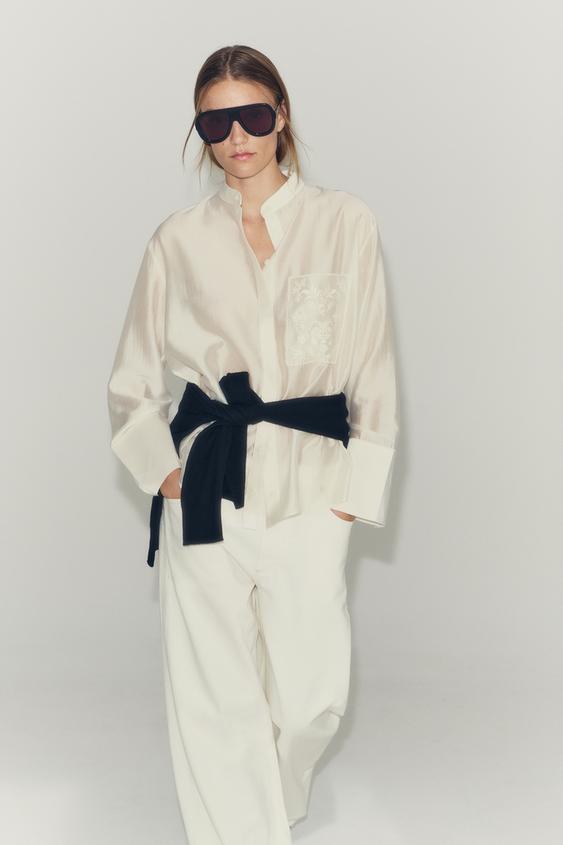 ZW COLLECTION EMBROIDERED POCKET SHIRT - Oyster-white by Zara - Image 5