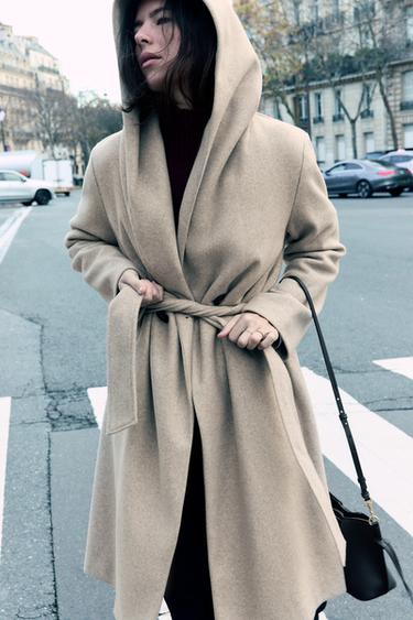 Zara BELTED SOFT HOODED COAT - Beige