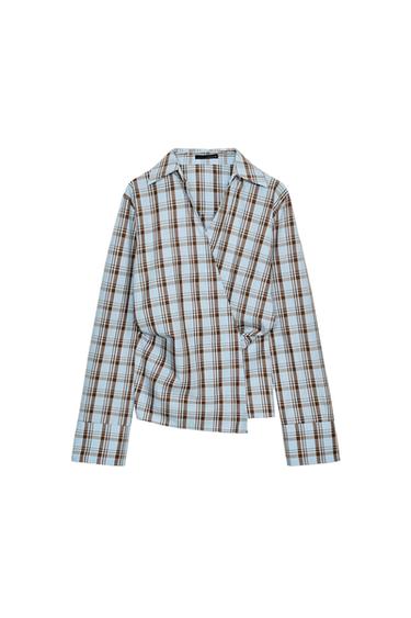 CHECK POPLIN WRAP SHIRT - Brown-Blue by Zara