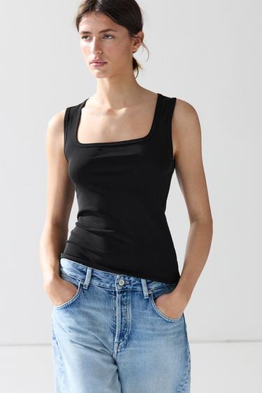 Cotton blend square neck top — Black 2