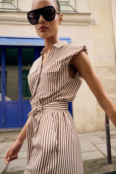 COMBINAISON COURTE À RAYURES ET CEINTURE - Marron de Zara - Image 2