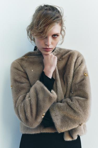 Zara FAUX FUR SHORT COAT - Light camel