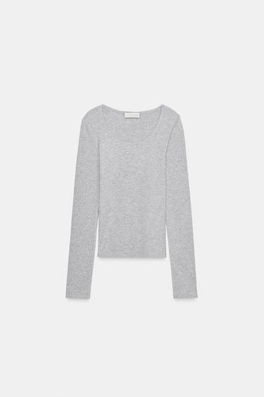 T-SHIRT À MANCHES LONGUES - Gris chiné de Zara - Image 3
