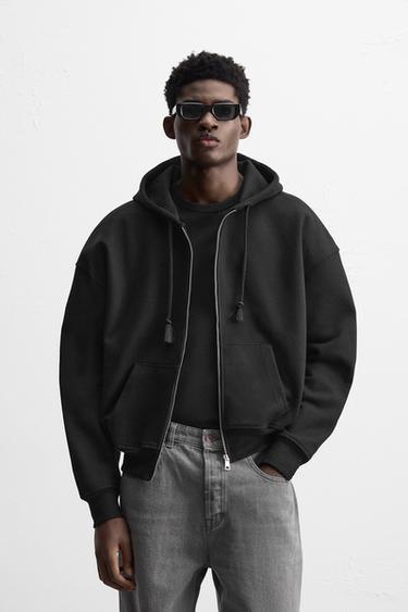 Zara HEAVYWEIGHT ZIP-UP SWEATSHIRT - Black