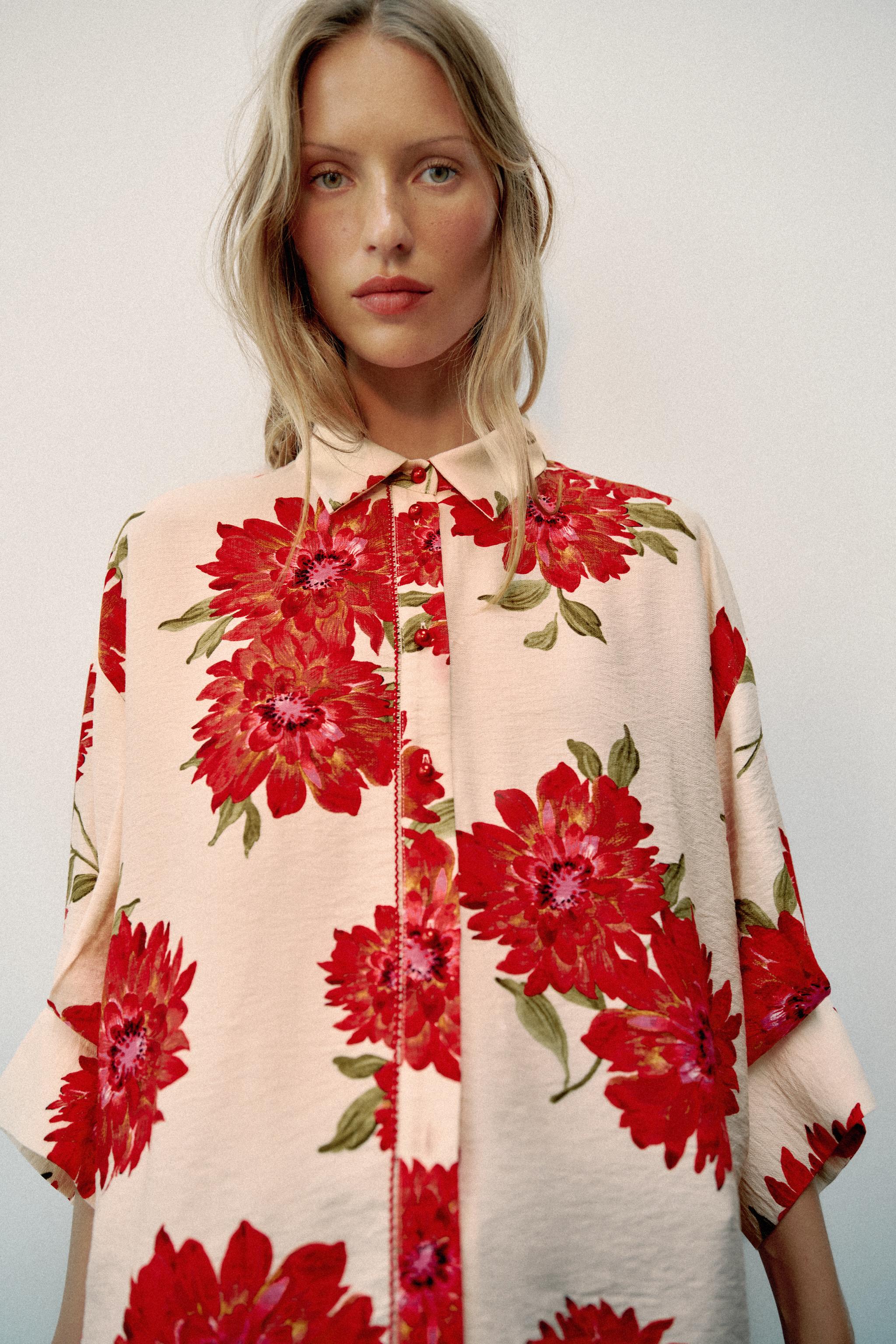 FLORAL PRINT SHIRT — Ecru / Red