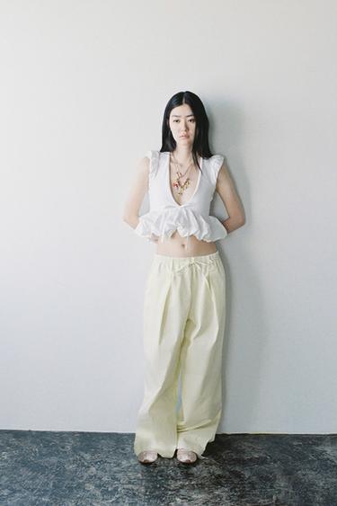 믹스 소재 리본 티셔츠 - Zara 화이트