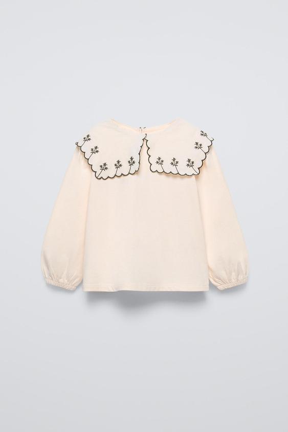 T-SHIRT WITH EMBROIDERED COLLAR - Ecru by Zara - Image 0