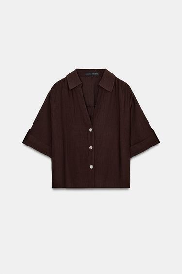 SOEPELVALLENDE BLOUSE MET KORTE MOUWEN - DONKERBRUIN van Zara