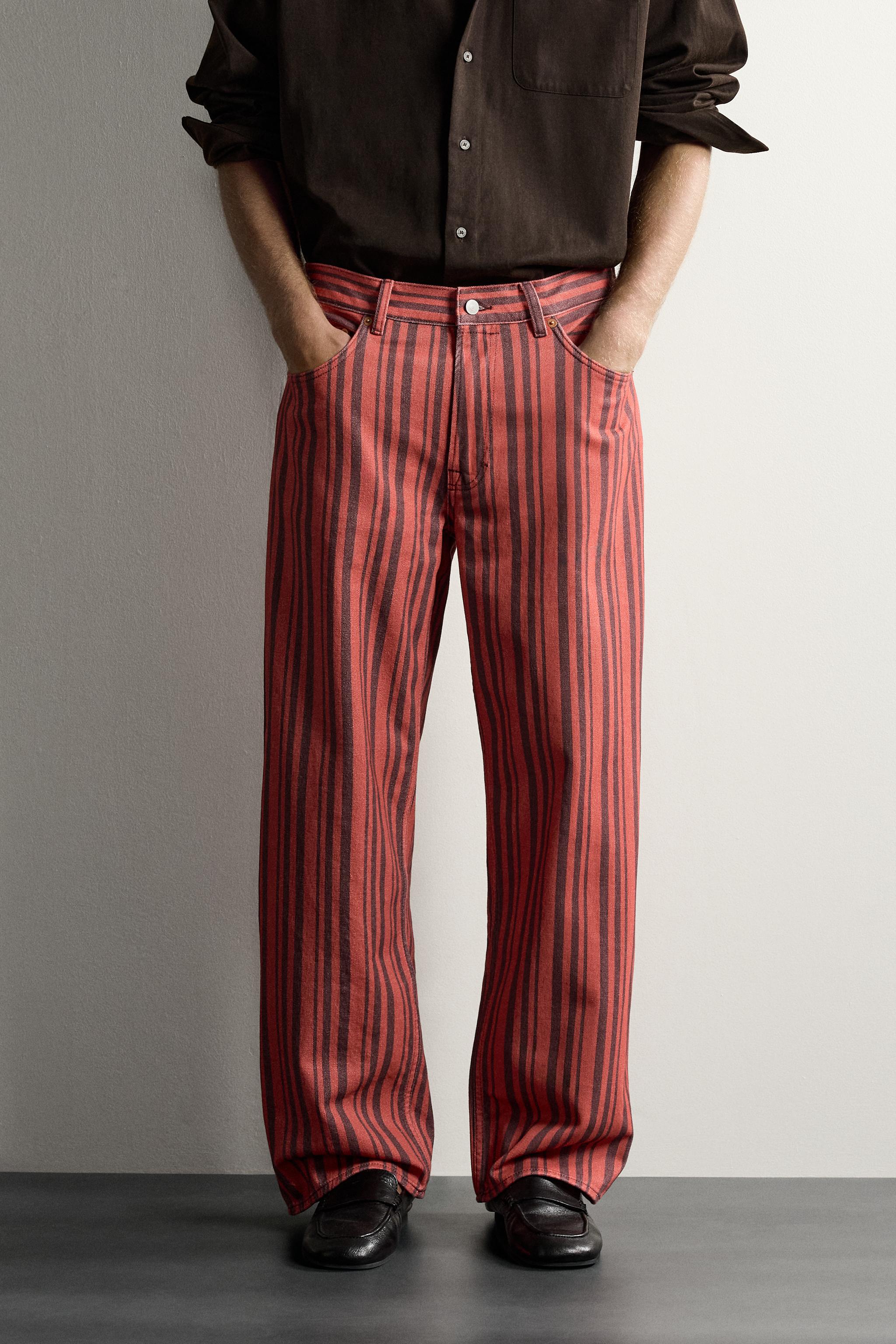 STRIPED STRAIGHT FIT PANTS — Red
