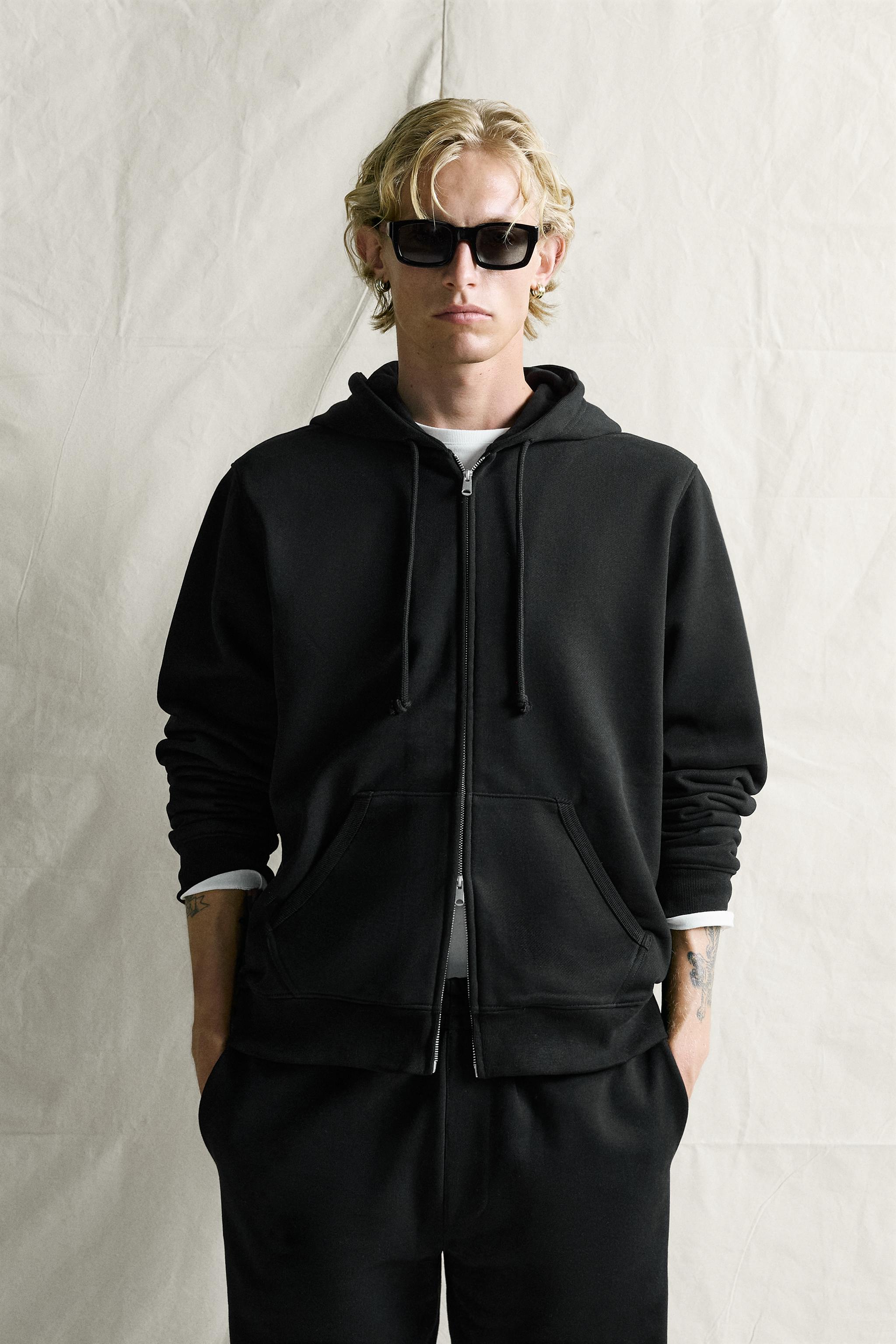 REGULAR FIT HOODED ZIP-UP SWEATSHIRT — Black