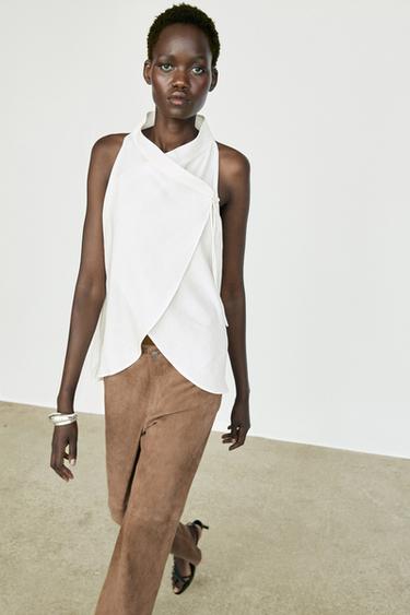 Zara Flowing linen halter crossover top - White