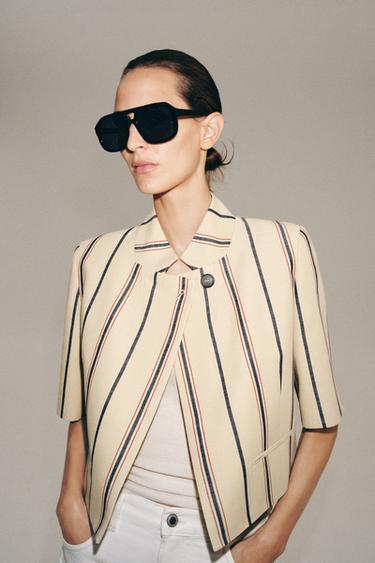 BLAZER CROPPED LISTRADO ZW COLLECTION - Bege da Zara