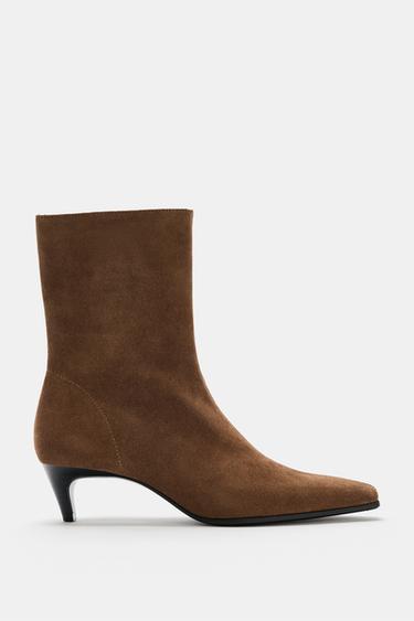 SPLIT SUEDE KITTEN-HEEL ANKLE BOOTS - Brown by Zara - Image 0