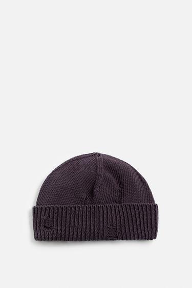 Zara RIPPED EFFECT KNIT HAT - Blue