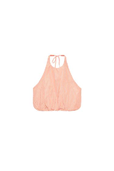 GINGHAM HALTER BALLOON TOP - white-orange by Zara
