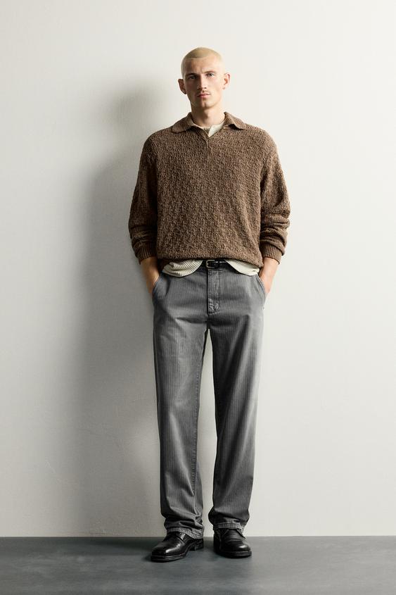 Zara HERRINGBONE-TEXTURED PANTS WITH SIDE TABS - Gray - Image 0