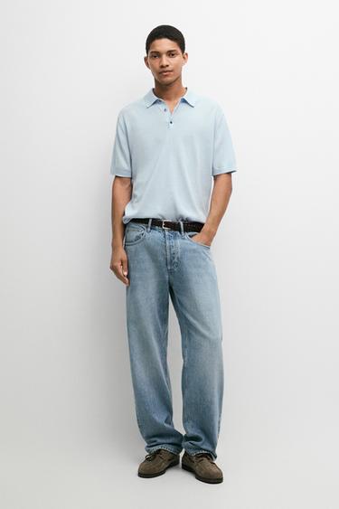 Zara 100% Cotton Knit Polo Shirt - Light blue - Image 0