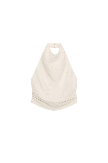 Zara EMBROIDERED SEQUIN HALTER TOP - Ecru