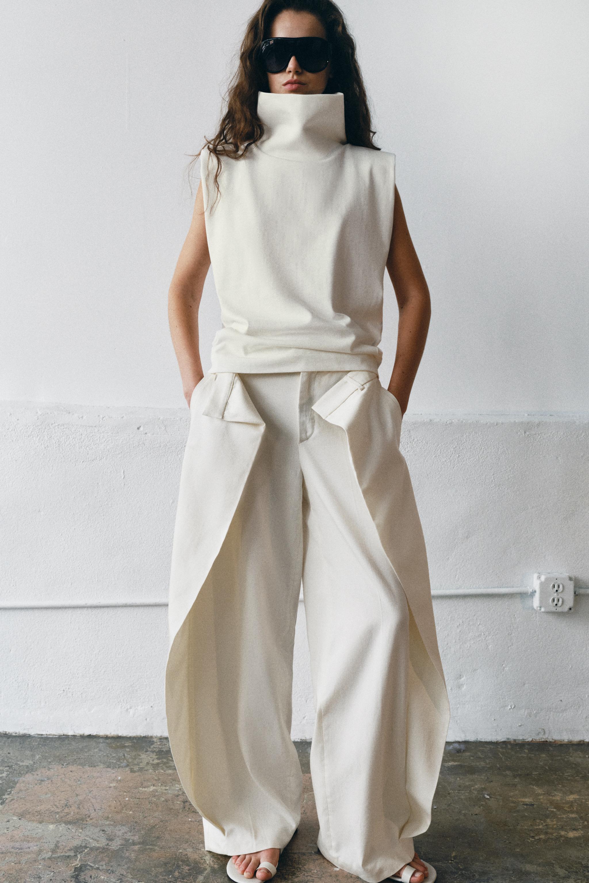 High-Neck Top with Shoulder Pads — White