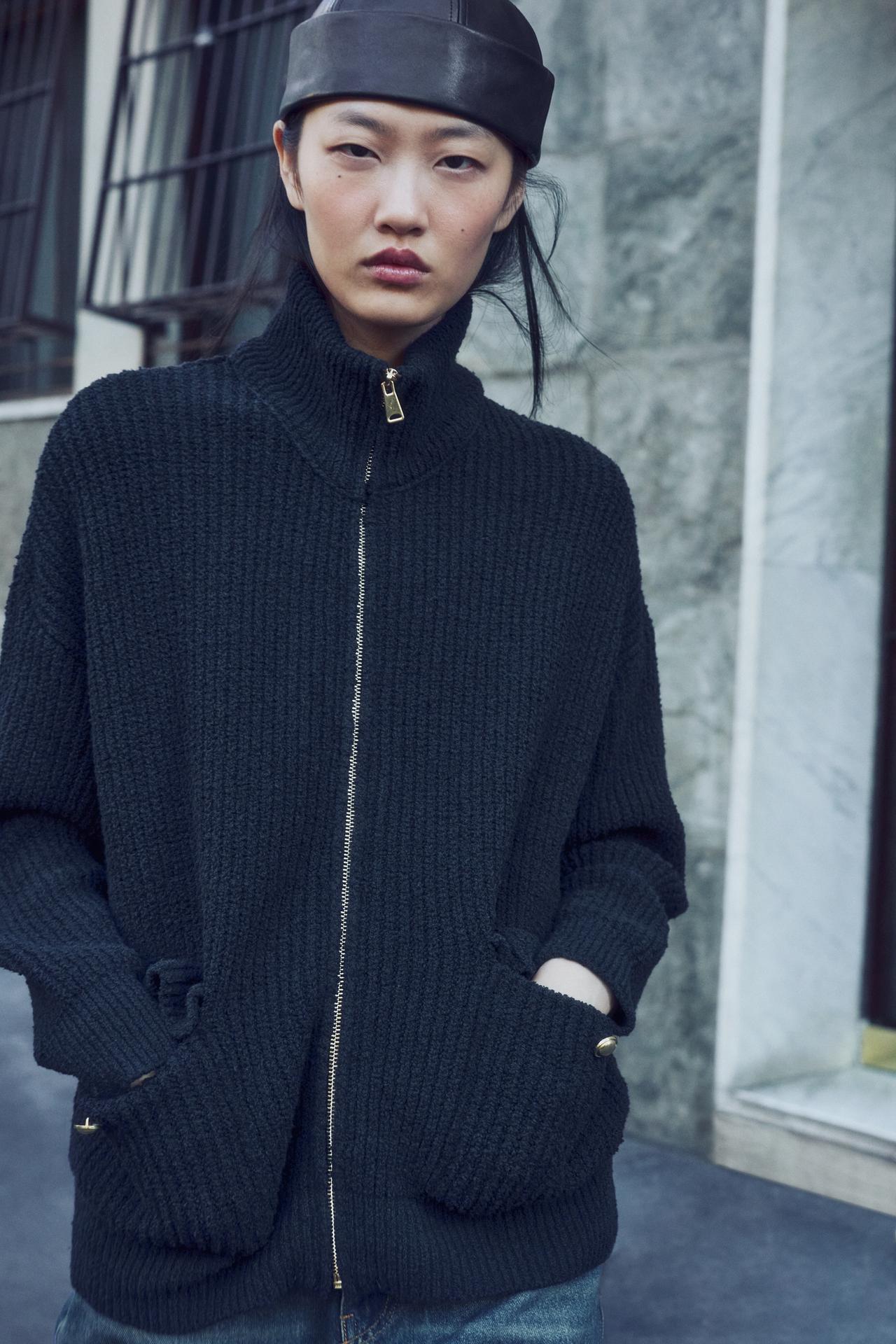 LONG KNIT JACKET — Navy blue