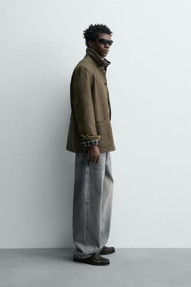 VINTAGE-EFFECT SUEDE LEATHER JACKET - Grey green by Zara - Image 3
