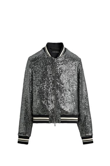CAZADORA BOMBER LENTEJUELAS - Negro / Plata de Zara