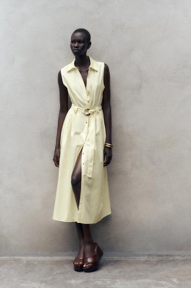 ROBE MIDI EN POPELINE CEINTURE - Jaune de Zara