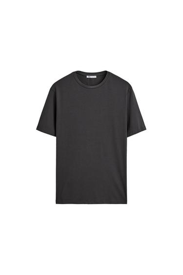 Front view of a black, short-sleeved, crew neck T-shirt.