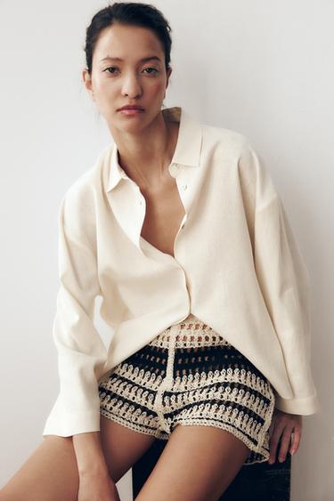 Zara OVERSIZED LINEN BLEND SHIRT - Oyster-white