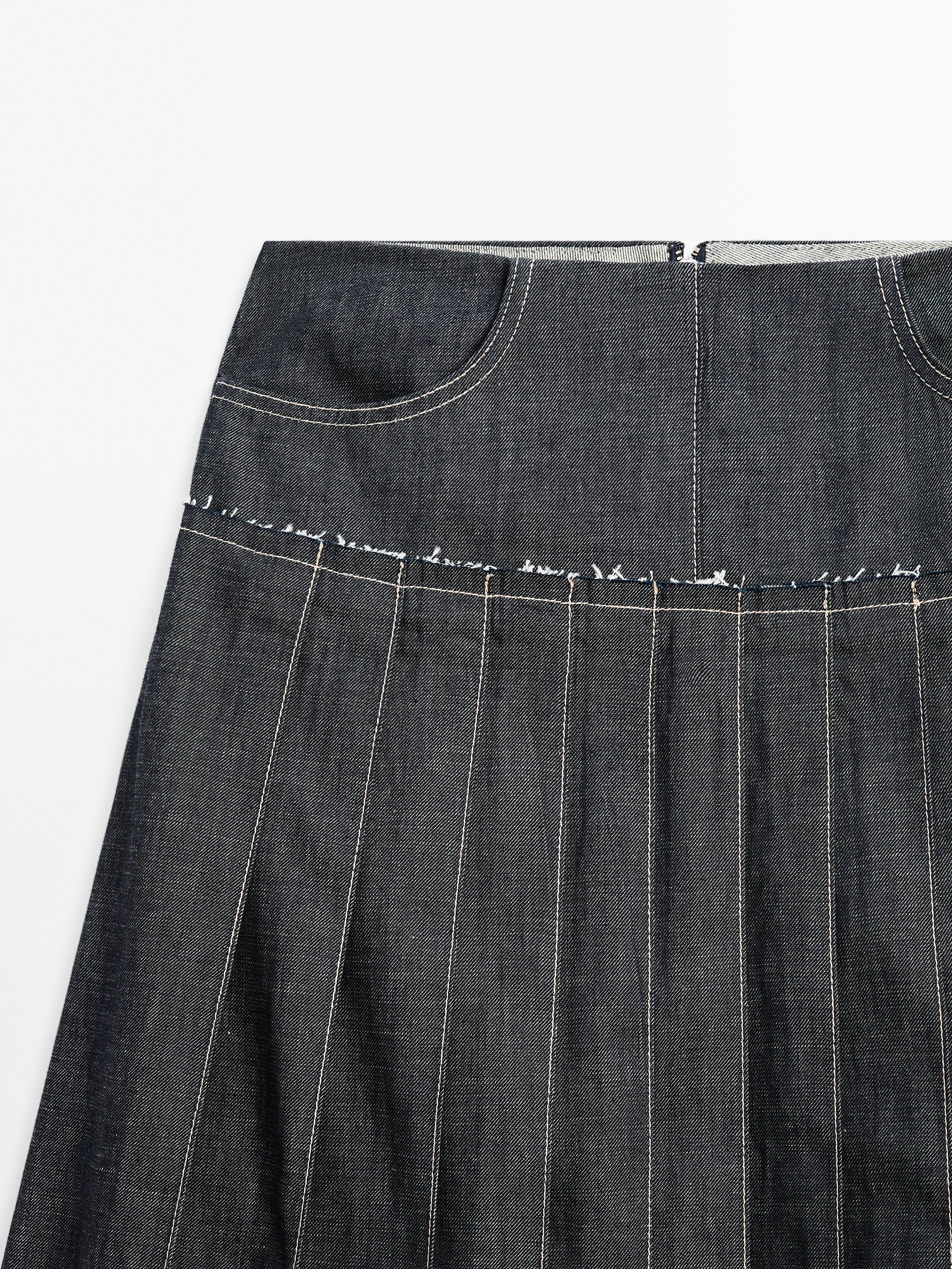 Denim midi skirt with box pleats