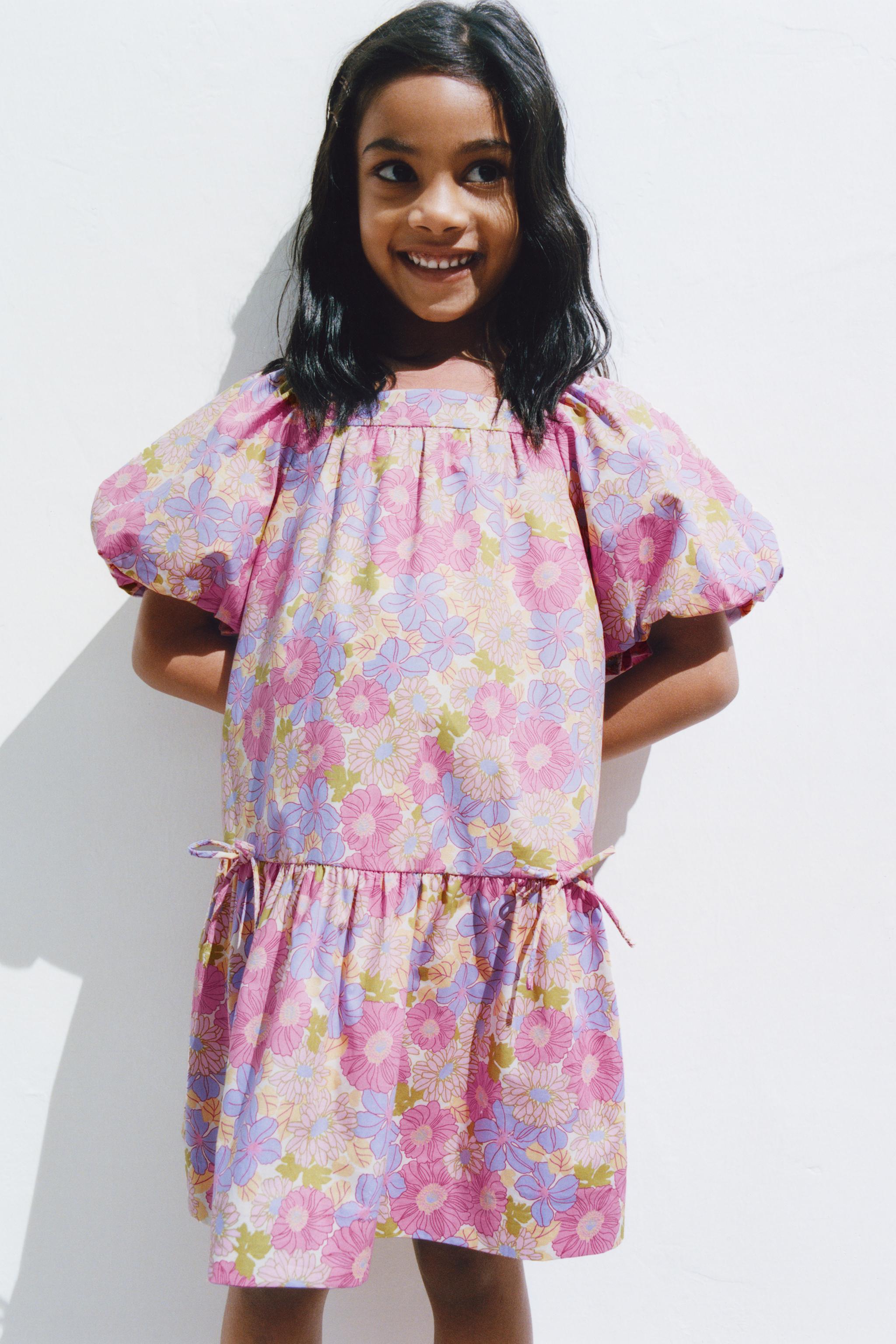 FLORAL POPLIN PUFF SLEEVE DRESS — Multicolored