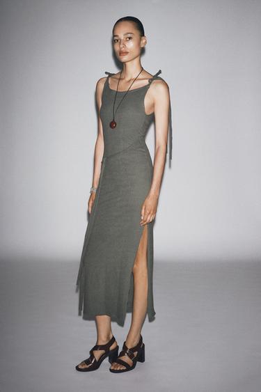 კაბა გასაბანტი ქამრით - Zara-ს Grey green