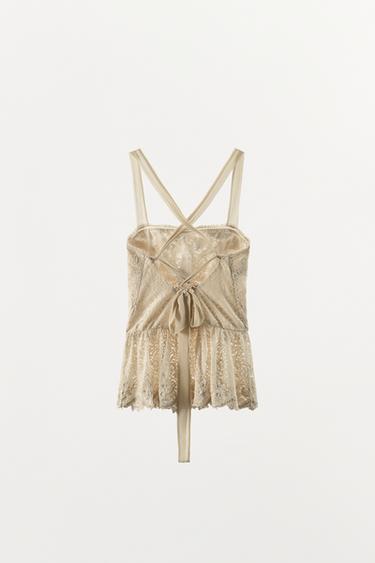 TOP WITH EMBROIDERED LACE - Ecru by Zara - Image 5