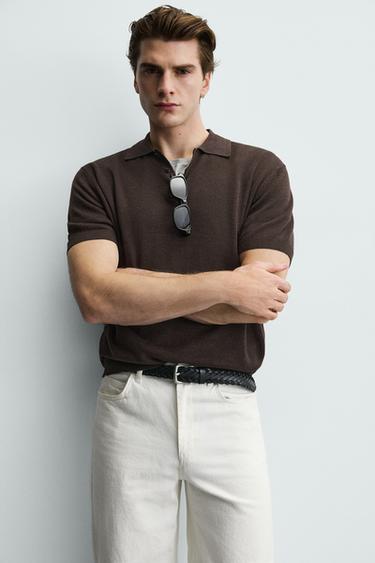 LINEN BLEND KNIT POLO SHIRT - Chocolate by Zara - Image 4