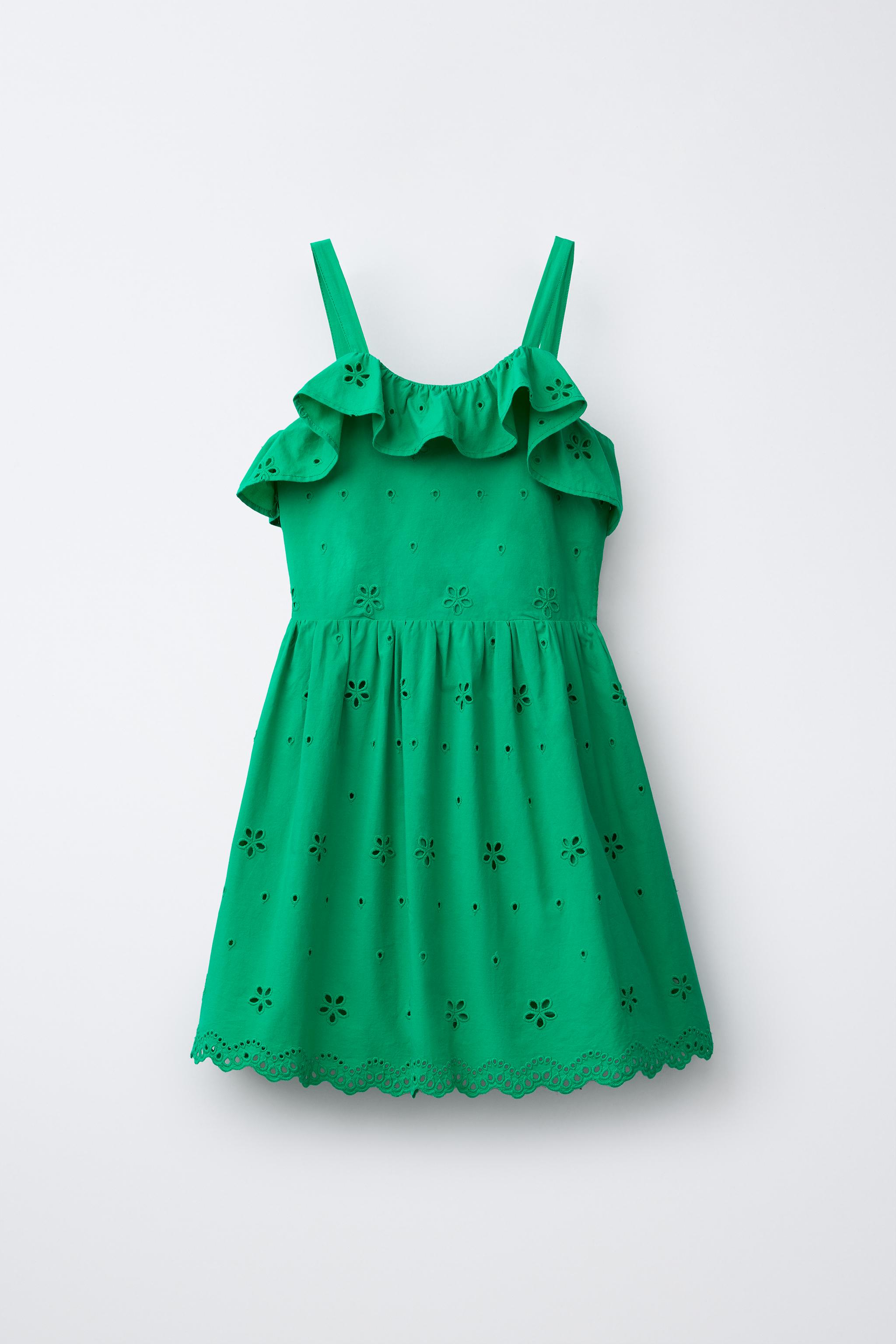 EMBROIDERED SCHIFFLI DRESS WITH RUFFLES — Green