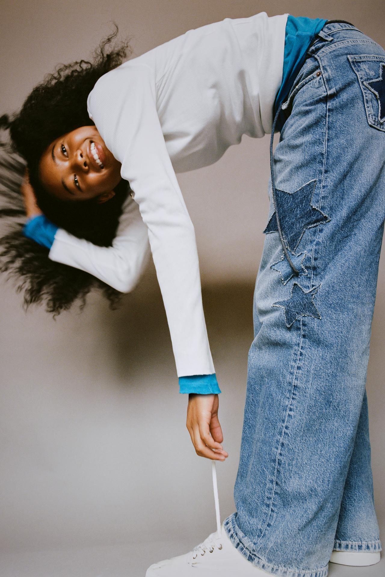 STAR PATCH WIDE-LEG JEANS — Blue