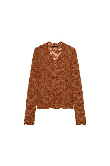 LACE BUTTON-UP TOP - Taupe by Zara