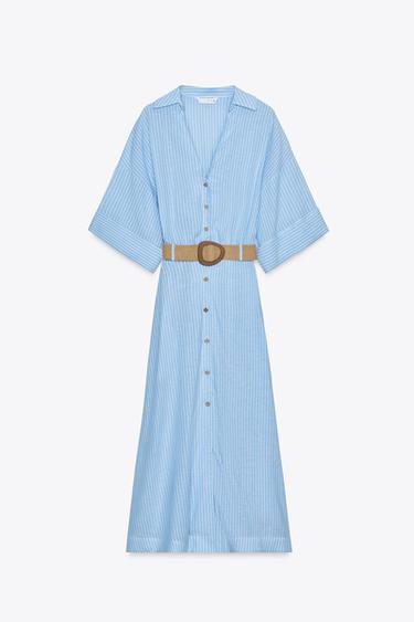 MIDI DRESS WITH BELT - Blue/White by Zara