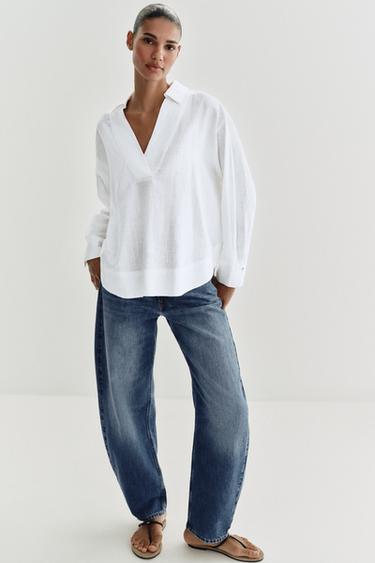 LINEN BLEND BLOUSE WITH POLO COLLAR - White by Zara - Image 0