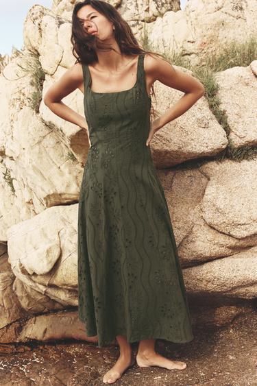 MIDI DRESS WITH CUTWORK EMBROIDERY - Dark khaki by Zara - Image 0