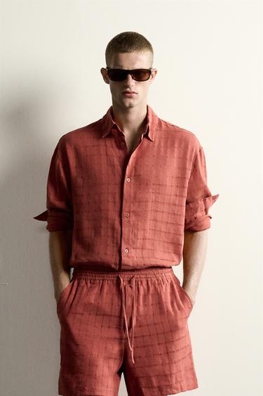 CAMISA RELAXED FIT JACQUARD AOS QUADRADOS LINHO-ALGODÃO - Telha da Zara