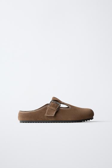 Zara KOŽNE KLOMPE S PROŠIVIMA – Kaki zelena – Slika 0