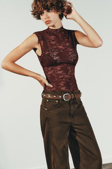 Zara ČIPKASTI TOP – tamnocrvena