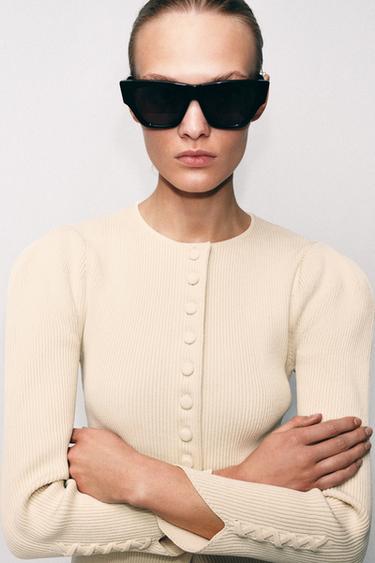 CARDIGAN WITH PUFF SLEEVES - Mid-ecru by Zara