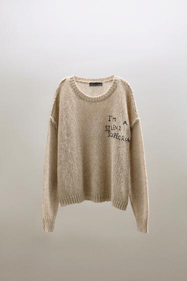 PULL EN LAINE À INSCRIPTION BRODÉE - Marron / Taupe de Zara - Image 1