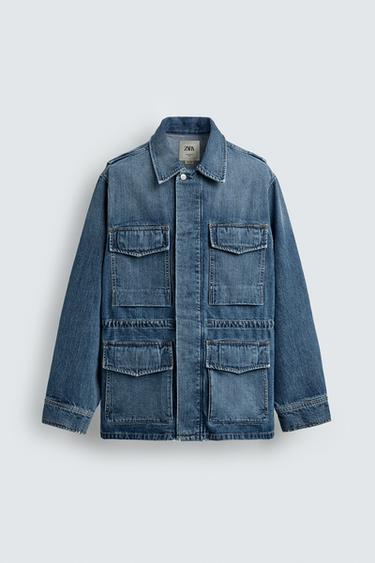 Zara 丹寧工裝口袋派克外套 - 中藍色