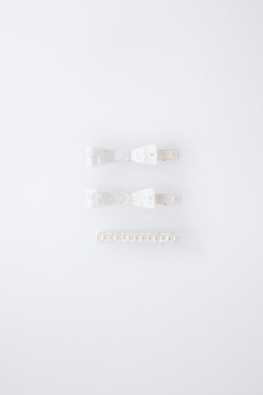 LOT DE TROIS PINCES À CHEVEUX EN NACRE AVEC NOEUDS ET PERLES - Blanc de Zara - Image 3