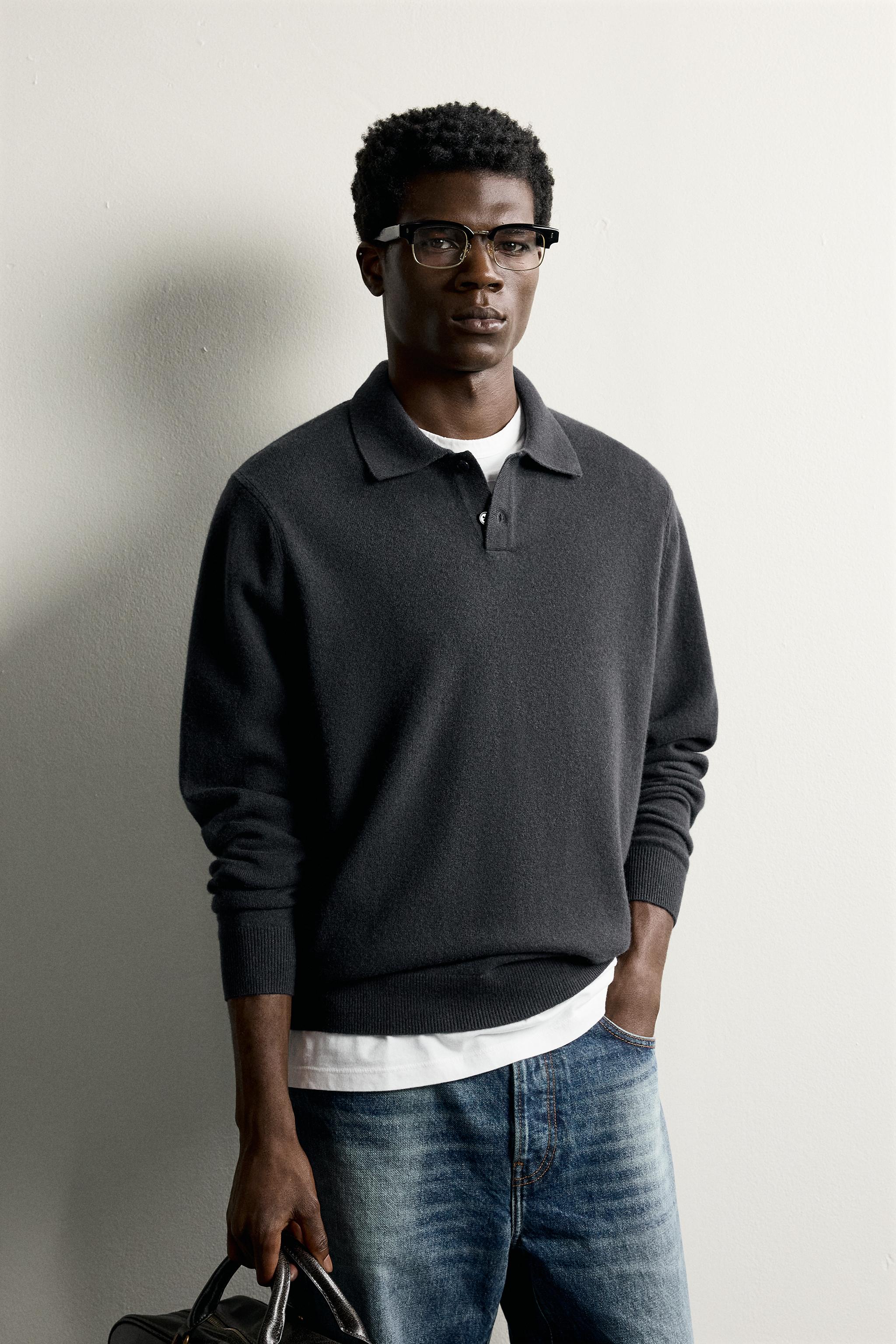 WOOL BLEND RELAXED FIT KNIT POLO — Anthracite grey