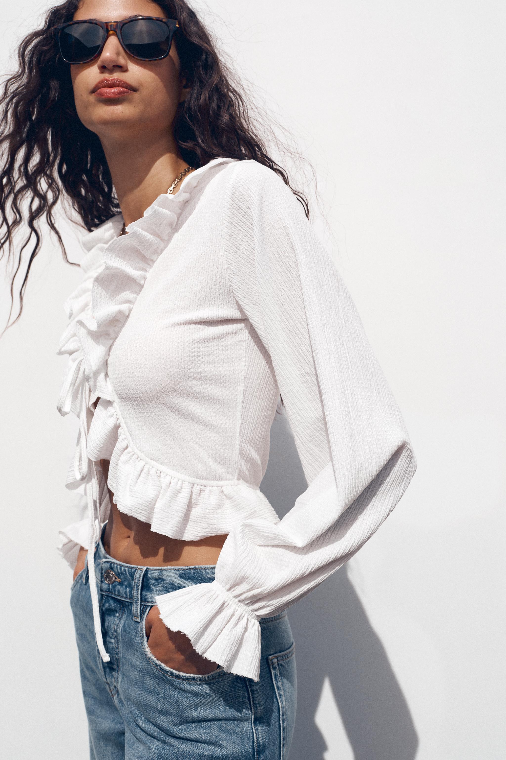 RUFFLED V-NECK TOP - White | ZARA United States