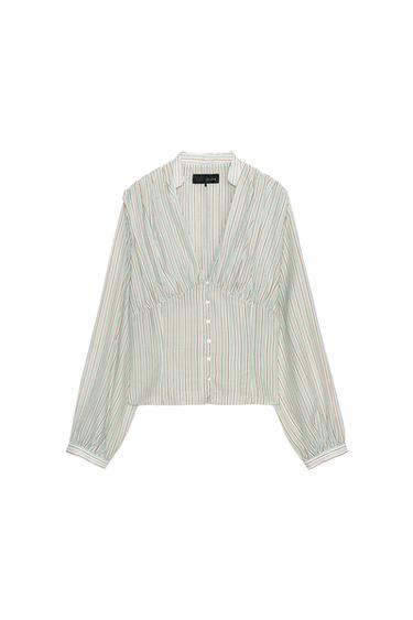 STRIPED SHIRT WITH FITTED WAIST - white/turquoise by Zara